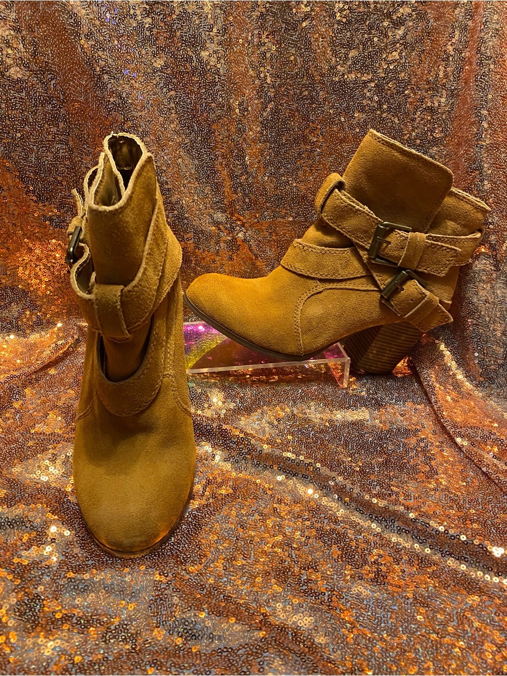 Plume by Farylrobin Brown Suede Buckle Cutout Ankle Boots | Size 7M